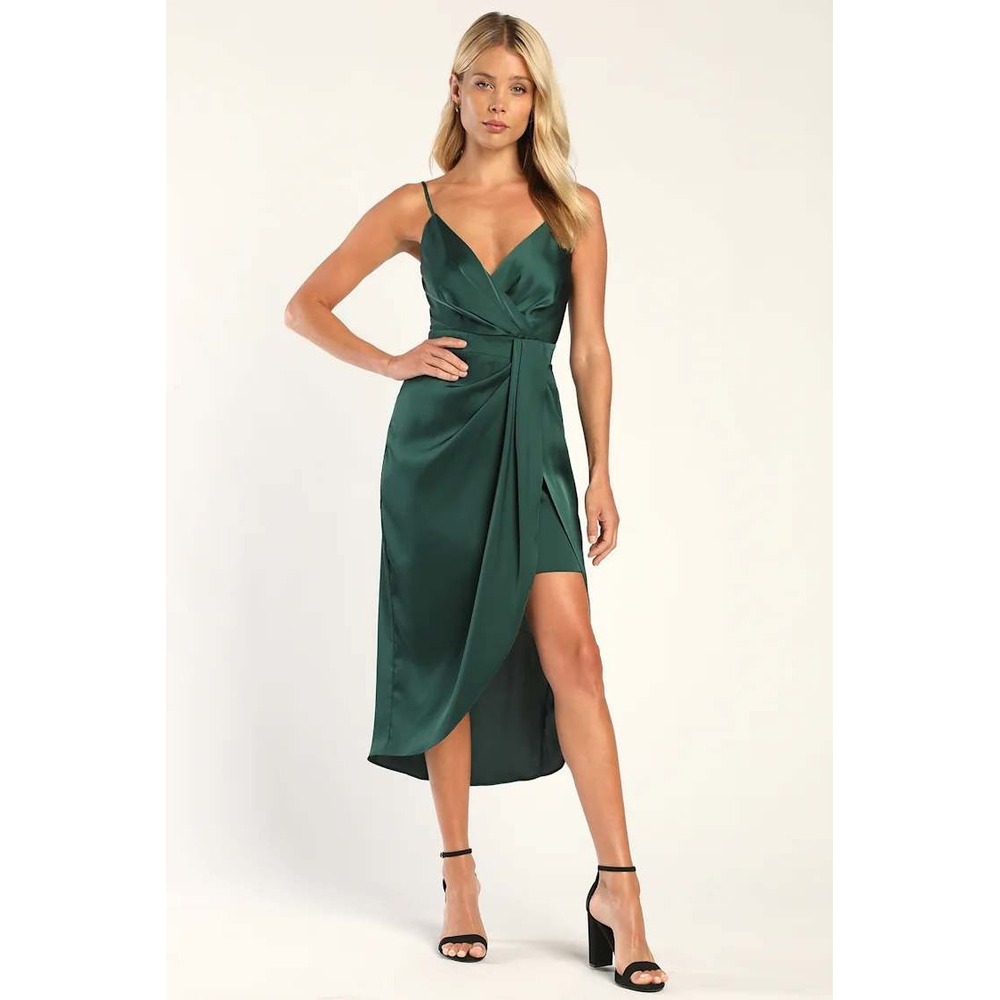Lulus Fabulous Affair Emerald Green Satin Surplice Tulip Midi Dress Size‎ XL NEW